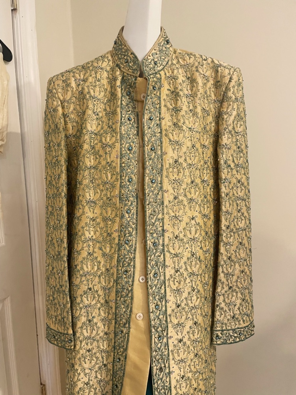 Men’s Embroidered Long Gold-Tone Jacket with Teal Accents